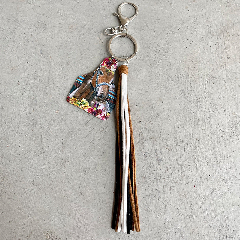 Wholesale 3pcs/pack Western Style Leather Cow Horse Fawn Cow Brand Tassel Keychain